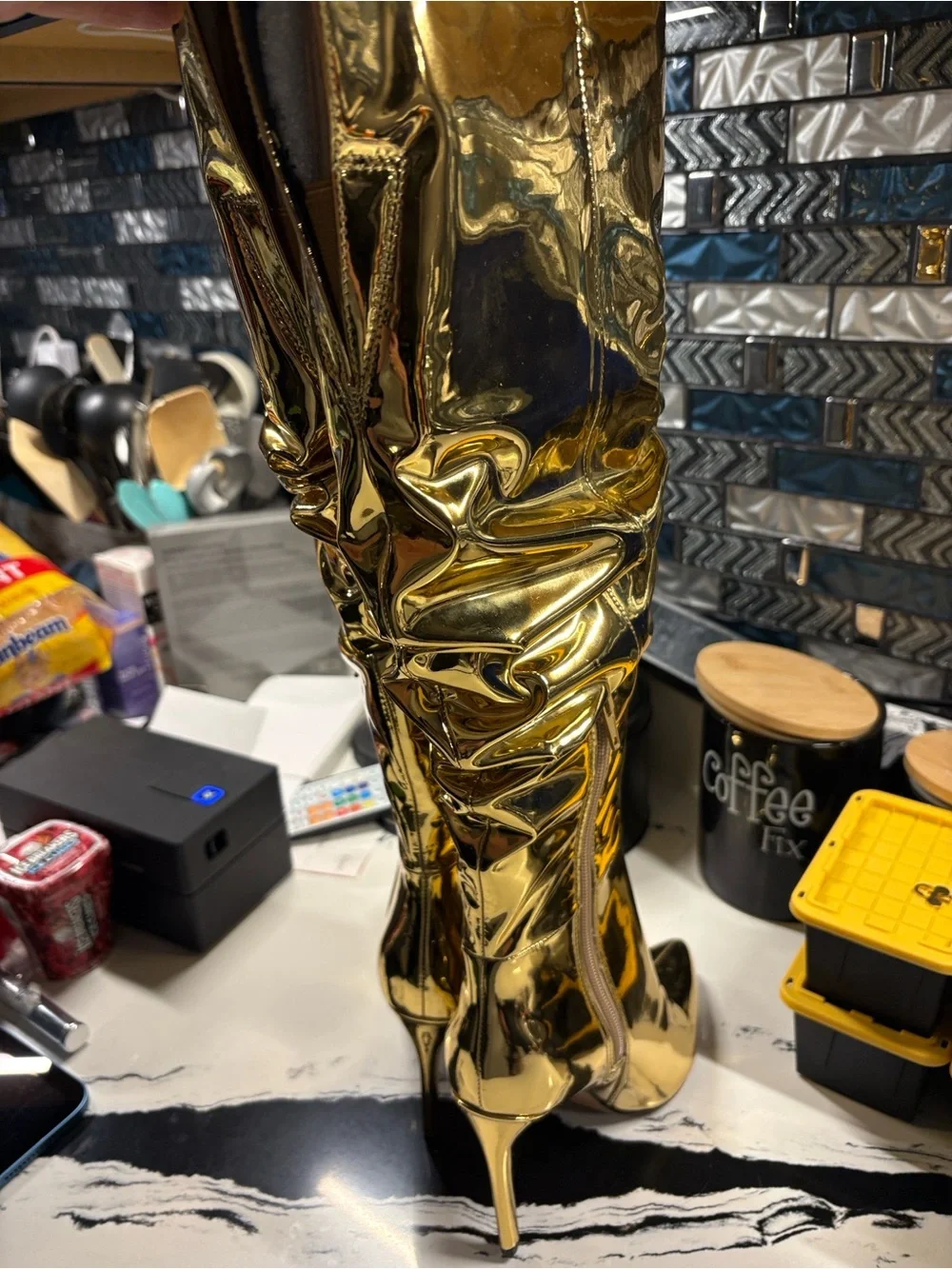 INC International Concepts Shiny Gold Over-the-Knee Ruched Stiletto Boots